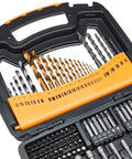 Amazon Basics 100-piece drill and driver bit set in black/orange case; alloy steel twist bits for metal, wood, masonry.