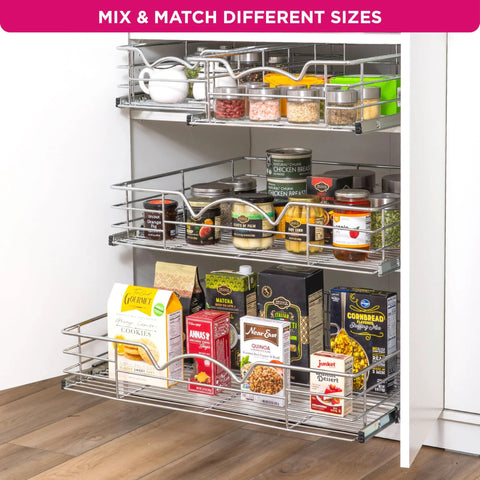 Heavy-Duty Cabinet Organizer With Pull-Out Drawer for Pots and Pans, anti-rust chrome finish, installed in kitchen cabinet