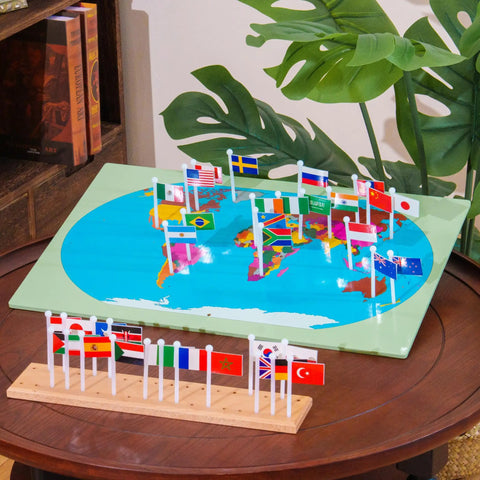 Montessori World Flags Set With 22 Inch Wooden Map And 36 Country Flags On Solid Beechwood For Kids educational toy displayed on a table