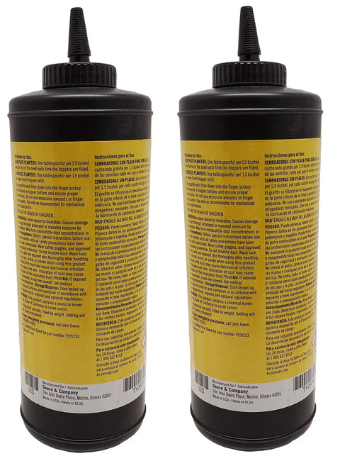 Two bottles of Original Equipment Powdered Graphite For High Speed Seed Planters 2 Pack Reduces Wear On Plate Mechanisms Keeps Seed Flow Smooth Prevents Gummy Deposits And Seed Clumping OEM TY26253 2 with yellow labels