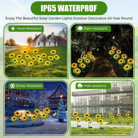 8 Pcs Solar Sunflower Lights With 16 LED Sunflower Solar Flowers Waterproof, showing heat, rain, snow, and hail resistance in gardens
