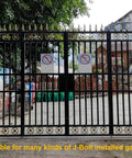 Metal gate installed with Three Quarter Inch T Bolt Gate Hinges, black finish, suitable for wood or metal fences and farm gates.