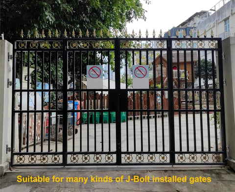 Metal gate installed with Three Quarter Inch T Bolt Gate Hinges, black finish, suitable for wood or metal fences and farm gates.
