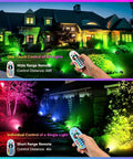 12W RGBW Low Voltage Outdoor Landscape Lights With Remote illuminating house and garden, showcasing color changing effects at night.