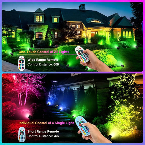 12W RGBW Low Voltage Outdoor Landscape Lights With Remote illuminating house and garden, showcasing color changing effects at night.