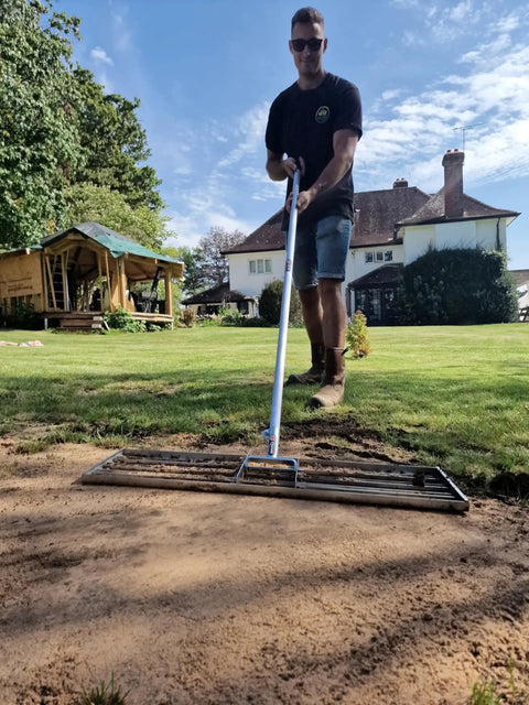 Man using 38 Inch Wide Leveling Lawn Rake With Stainless Steel Head And 72 Inch Aluminum Handle Top Notch Heavy Duty Yard Leveler