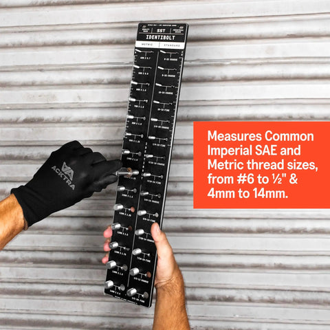 Person holding Identibolt Precise Threadchecker And Wall Mount Kit For Imperial SAE And Metric Threads, 28 Nuts And Bolts Identifier