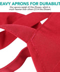 Close-up of red durable spun polyester material of Bulk Pack Bib Aprons For Restaurant Pros, 12 Pack, Long Oversized Unisex Kitchen Aprons.