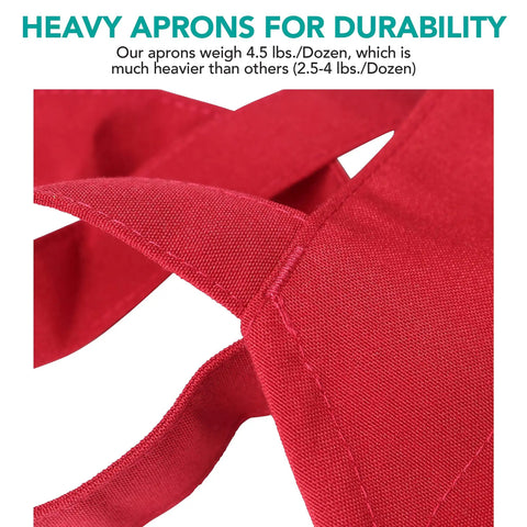 Close-up of red durable spun polyester material of Bulk Pack Bib Aprons For Restaurant Pros, 12 Pack, Long Oversized Unisex Kitchen Aprons.