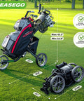 All Terrain 3 Wheel Golf Push Cart with Foldable Design, phone cup umbrella holder, quick fold caddy, large wheelbase, compact fold.