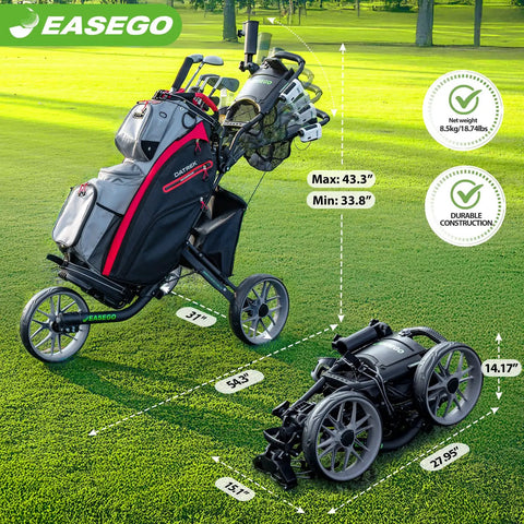 All Terrain 3 Wheel Golf Push Cart with Foldable Design, phone cup umbrella holder, quick fold caddy, large wheelbase, compact fold.