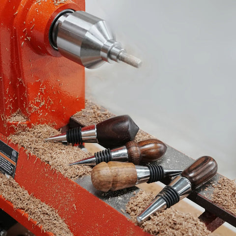 Bottle Stopper Chuck For Lathe Mounting Three Eighths Inch By Sixteen TPI Stoppers And One Inch By Eight TPI Headstock Thread shown