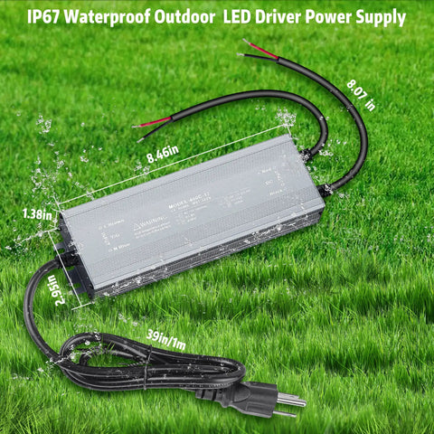 AC to DC Transformer 400 Watts IP67 Waterproof LED Driver 110-120V to 12V DC Converter with cables on grass background