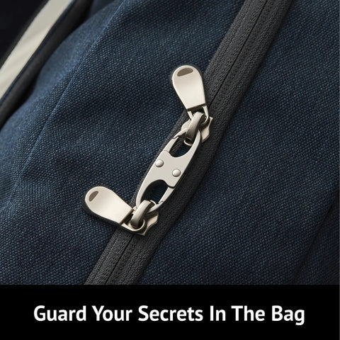Anti Theft Zipper Clips With Double Opening Carabiner Set securing bag zipper, close-up view of zinc alloy material on fabric surface.