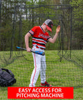 Young player standing inside 40 Foot Collapsible Batting Cage With Frame And Netting Freestanding Portable Backyard Baseball And Softball Batting Cage
