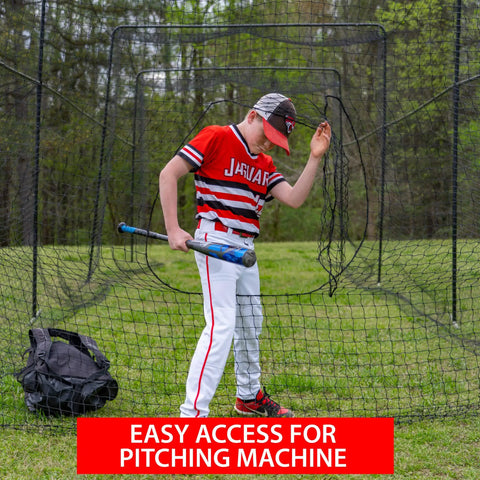 Young player standing inside 40 Foot Collapsible Batting Cage With Frame And Netting Freestanding Portable Backyard Baseball And Softball Batting Cage