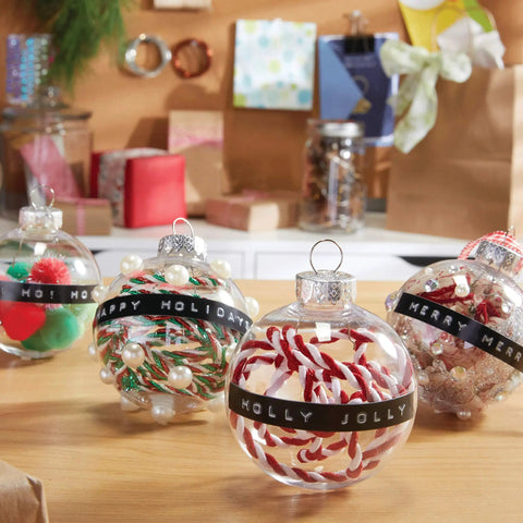 Embossing Label Maker Kit With 3 Tapes Ergonomic Handheld Labeler for crafting spherical ornaments with decorative labels.