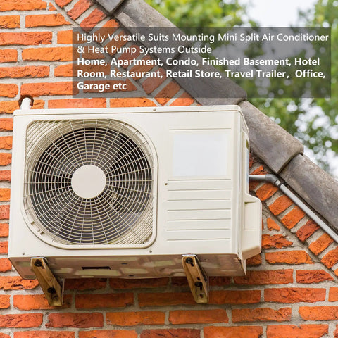 Beefy Outdoor Split AC Mount Bracket For Universal Ductless Mini Split Condensers on brick wall, visible condenser and mounting bracket, heavy duty, foldable, supports 7000 to 18000 BTU, up to 400 lb, residential and commercial HVAC, wall mount, HVAC install on brick exterior.