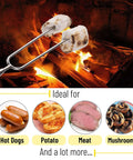 Telescoping Stainless Steel Roasting Sticks 32 Inch 5 Pack marshmallow skewers with wood handles over campfire flames
