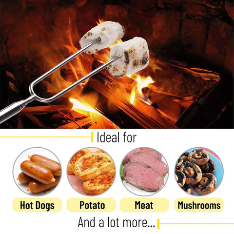 Telescoping Stainless Steel Roasting Sticks 32 Inch 5 Pack marshmallow skewers with wood handles over campfire flames