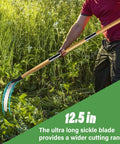 Solid Wood Long Handle Weeding Sickle With A 32 Centimeter Extended Blade Three Section Adjustable Length Heavy Duty Gardening Tool For Yard And Garden Field And Ditch Effortless Weed And Brush Clearing in use.