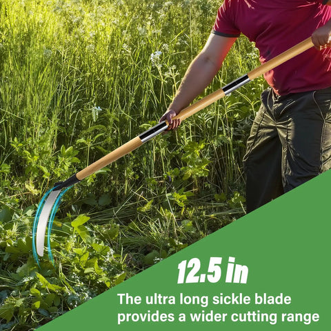 Solid Wood Long Handle Weeding Sickle With A 32 Centimeter Extended Blade Three Section Adjustable Length Heavy Duty Gardening Tool For Yard And Garden Field And Ditch Effortless Weed And Brush Clearing in use.