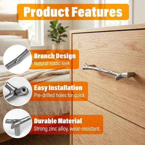 10 Pack Zinc Alloy Twig Branch Cabinet Knob Set In Silver Decorative Pull Handles with branch design on wooden dresser.