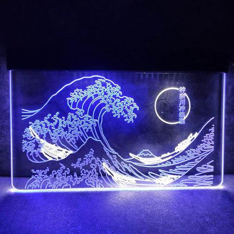 Great Wave Off Kanagawa LED Neon Sign Wall Art Dope Ukiyoe Vibe For Modern Rooms 16x24 Inches Blue And White Neon Light Decor