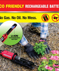 Hands using Electric 22 Inch Auto Shutoff Shovel Handheld 12V Li Ion Battery Powered Digging Tool for planting in garden.