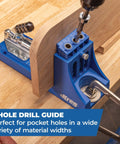 Pocket Hole Jig System With R3 Jig Drilling Guide And Dust Collection Pro Grade showing 3-hole guide and drill in use.