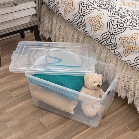 Jumbo Clear Stackable Storage Bins With Lids, 44 Quart Rolling Plastic Containers For Home And Office Organization, BPA Free Kick Clutter To The Curb Sorting Boxes That Roll Where You Want Them