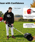 Gas Powered Handheld Lawn Sweeper With Backpack Broom, 2.3HP 52CC Engine, 20.47 Inch Nylon Brush, Lightweight Portable Yard Groomer For Driveways, Lawns, And Artificial Turf, Effortless Leaves And Debris Cleanup. Man using gas handheld sweeper on grass