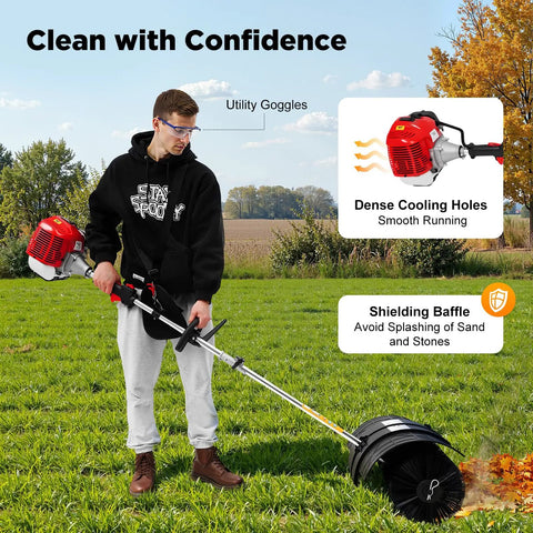 Gas Powered Handheld Lawn Sweeper With Backpack Broom, 2.3HP 52CC Engine, 20.47 Inch Nylon Brush, Lightweight Portable Yard Groomer For Driveways, Lawns, And Artificial Turf, Effortless Leaves And Debris Cleanup. Man using gas handheld sweeper on grass