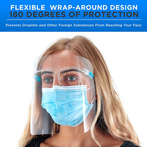 Person wearing 4 Pack Safety Face Shields With Glasses Frames Ultra Clear Protective Full Face Shields Anti Fog PET Plastic