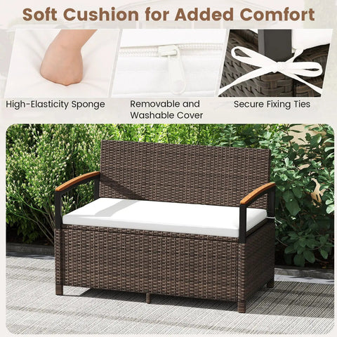 Wicker Outdoor Storage Bench With Hidden 46 Gallon Gas Strut Lift Up Storage, Acacia Wood Armrests, Seat Cushion on Patio