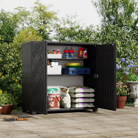 All Weather Indoor And Outdoor Storage Cabinet Waterproof Plastic Box Black 34 Inch By 15 Inch By 34 Inch With Two Shelves
