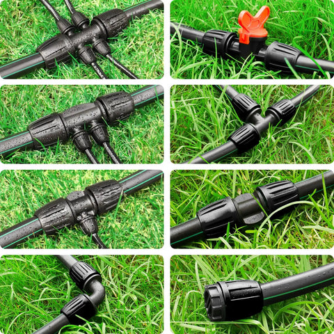 Half Inch Drip Irrigation Fittings Kit with barbed locking nuts for one half inch tubing, showcasing couplings, tees, valves on grass