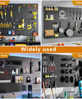 Heavy Duty Metal Peg Board Kit With 110 Pieces, 4 Black 12X16 Panels, wall storage in garage, kitchen, game room, and gym