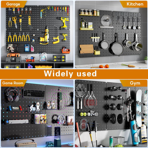 Heavy Duty Metal Peg Board Kit With 110 Pieces, 4 Black 12X16 Panels, wall storage in garage, kitchen, game room, and gym