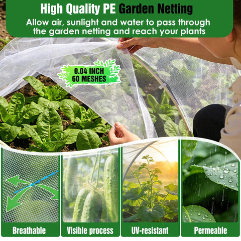Ultra Fine Garden Mesh Netting 10x50 Ft Pest Barrier shown protecting plants, allowing sunlight and air through, close-up view