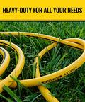 Heavy Duty Pro Grade Garden Hose With PolyFusion Technology 100 Foot Length Five Eighth Inch Yellow Kink Resistant on grass