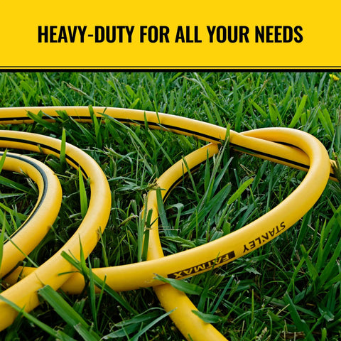 Heavy Duty Pro Grade Garden Hose With PolyFusion Technology 100 Foot Length Five Eighth Inch Yellow Kink Resistant on grass