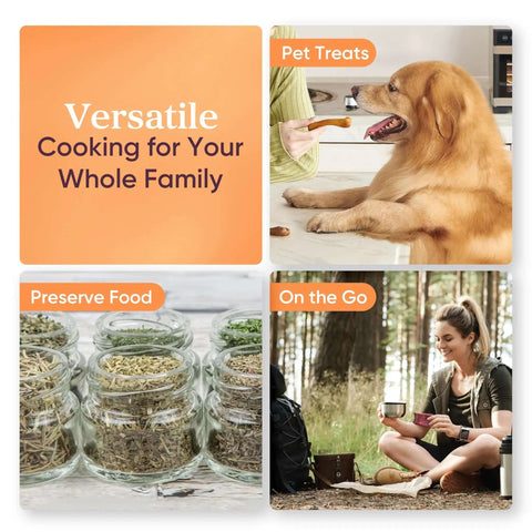 Collage showing food dehydrator uses for pet treats, preserving herbs, and on-the-go snacks