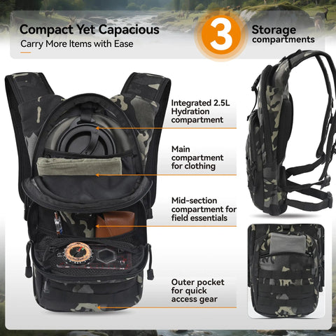 Rugged Tactical Hydration Pack With 2.5L Bladder, MOLLE System, interior view showing organized compartments for gear