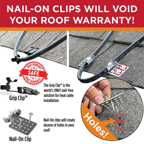 Comparison of Nail Free Roof Cable Clips and nail-on clips on shingles. Features Grip Clip design, prevents roof damage.