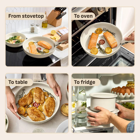 Detachable Handle Cookware Set With Stackable Pots And Pans, Nonstick Granite Titanium, Induction Ready, Oven And Broiler Safe To 500F, 11 Piece Kitchen Set For RV Camping, Beige used from stovetop to oven, table, and fridge
