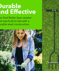 Beefy Spike Lawn Aerator Tool With 37 Inch Handle, heavy duty steel, cushioned grips, shown by person in garden setting.