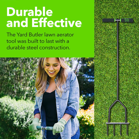 Beefy Spike Lawn Aerator Tool With 37 Inch Handle, heavy duty steel, cushioned grips, shown by person in garden setting.