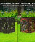 Comparison of low smoke outdoor burn barrel with herringbone vent design, showing rust-resistant durable burn cage in rain