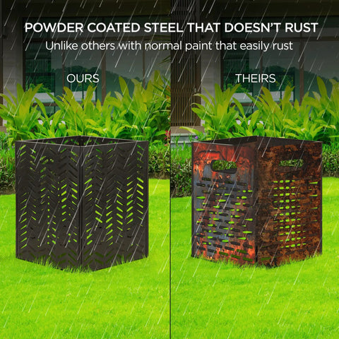 Comparison of low smoke outdoor burn barrel with herringbone vent design, showing rust-resistant durable burn cage in rain